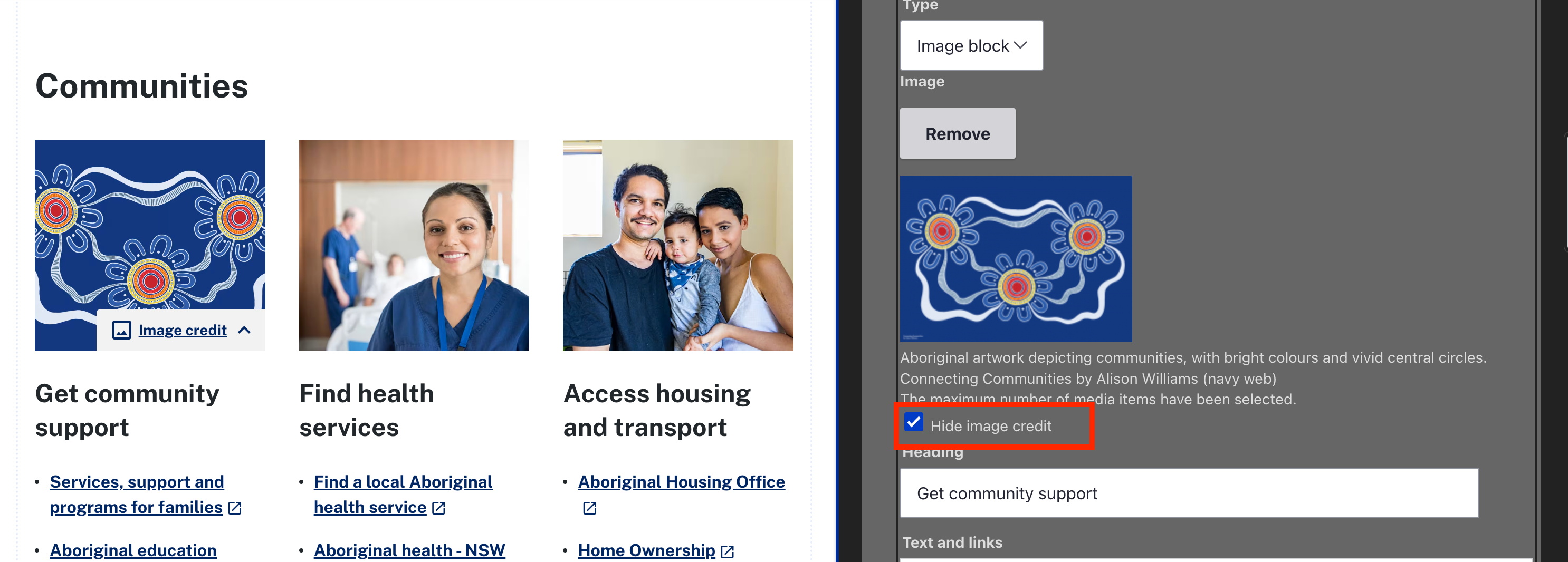 The checkbox 'Hide image credit' is selected on the content block configuration.