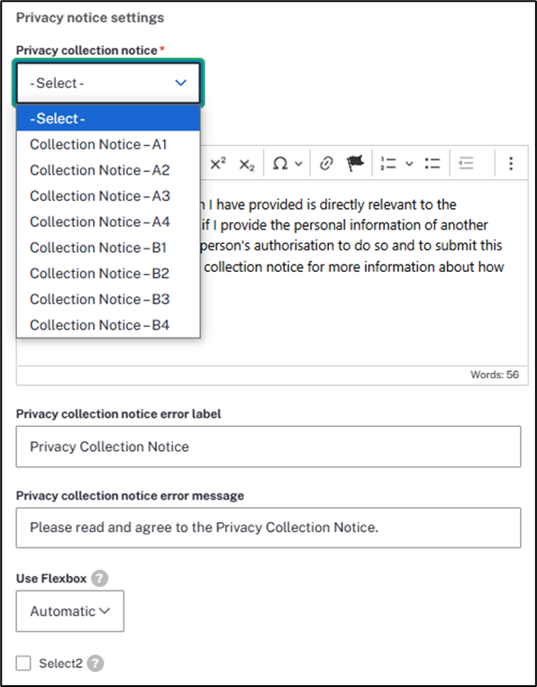Privacy collection notice dropdown is open, showing selections for Collection Notice A1 through to B4.