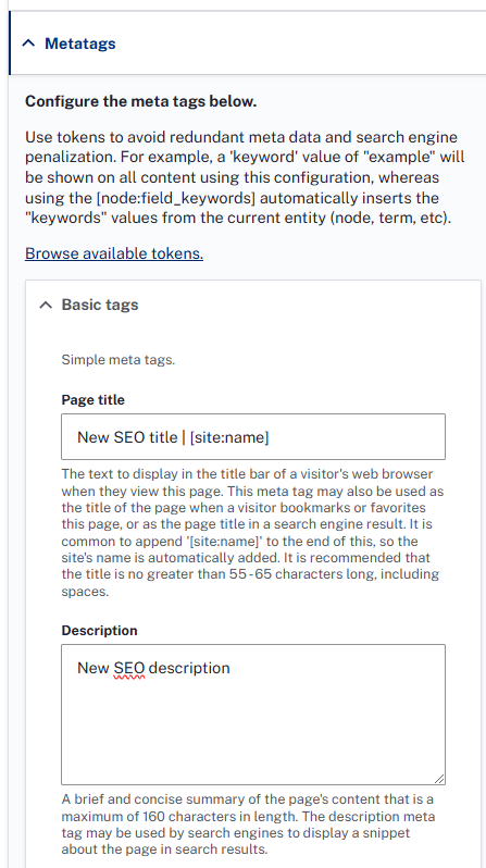 The basic tags section of Metatags opened, with Page title and Description fields shown.