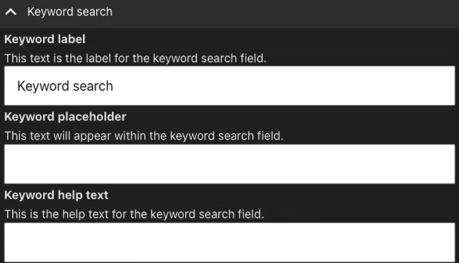 Keyword search section showing the keyword label, placeholder and help text fields