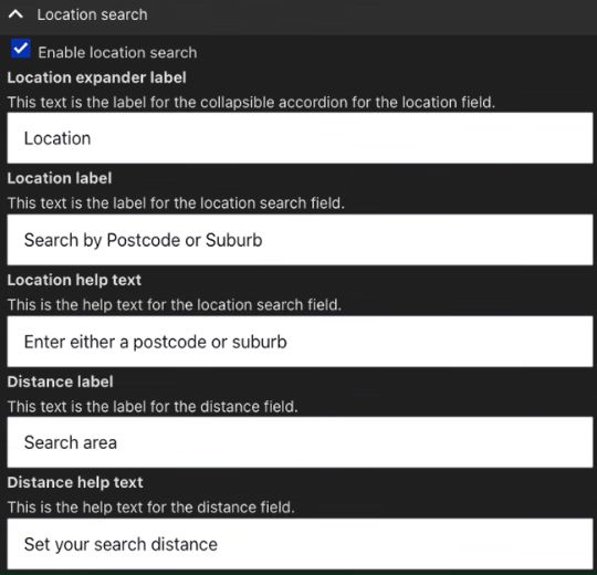 Location search section with set placeholder text for each field.