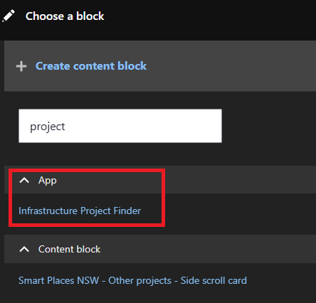  Project Finder under the App section of blocks for a landing page