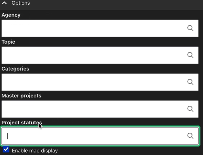 Options section of the  project finder block showing the Agency, Topic, Categories, Master Projects and Project statuses fields. The 'enable map display' checkbox is enabled.