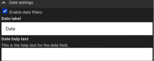 Date settings section of the  project finder block showing the Date label and help text fields. The 'enable date filters' checkbox is enabled.