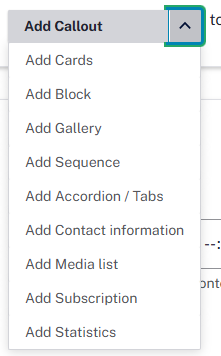 Dropdown arrow next to add callout showing a list of optional components that can be added on the details page.