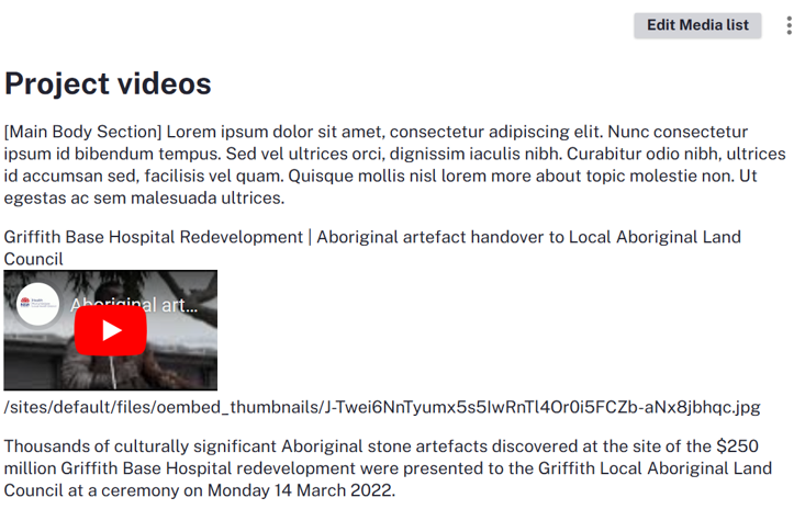 Project videos section title with lorem ipsum body copy and a preview of the Griffith Base Hospital Redevelopment video.