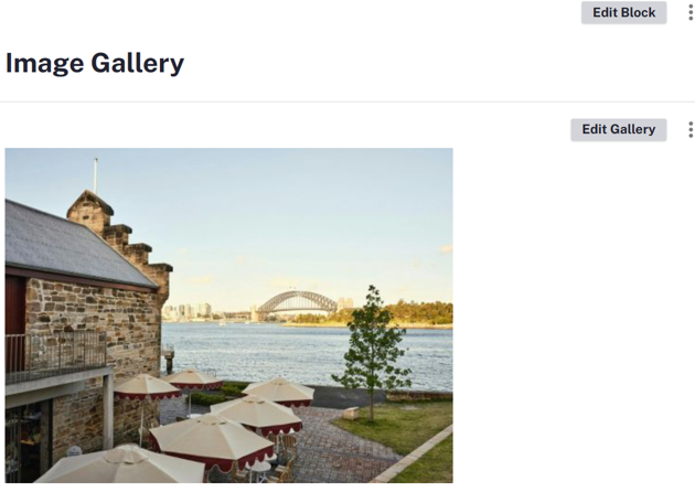 The Gallery component with a photo of the Sydney Harbour Bridge taken from a cafe. The Block component is used on top to add a title of Image Gallery for the component.