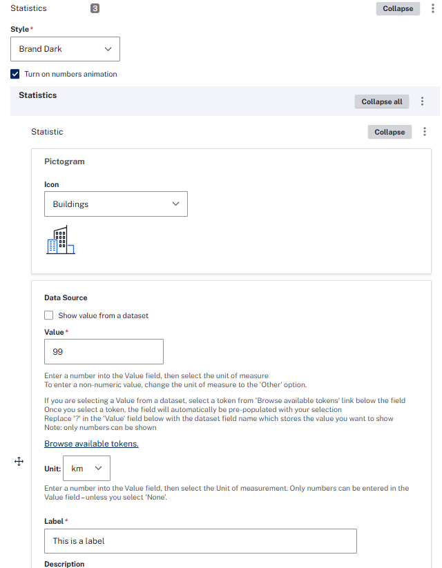 Statistics block configuration on the backend of the CMS. Configurable options include Style, enabling animation for numbers, icon for the puctogram, the value and unit for the data source, and a label for the data.