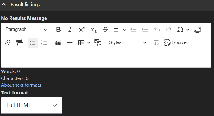 Result listings section with a WYSIWYG editor for inputting the editor's preferred 'no results' message.