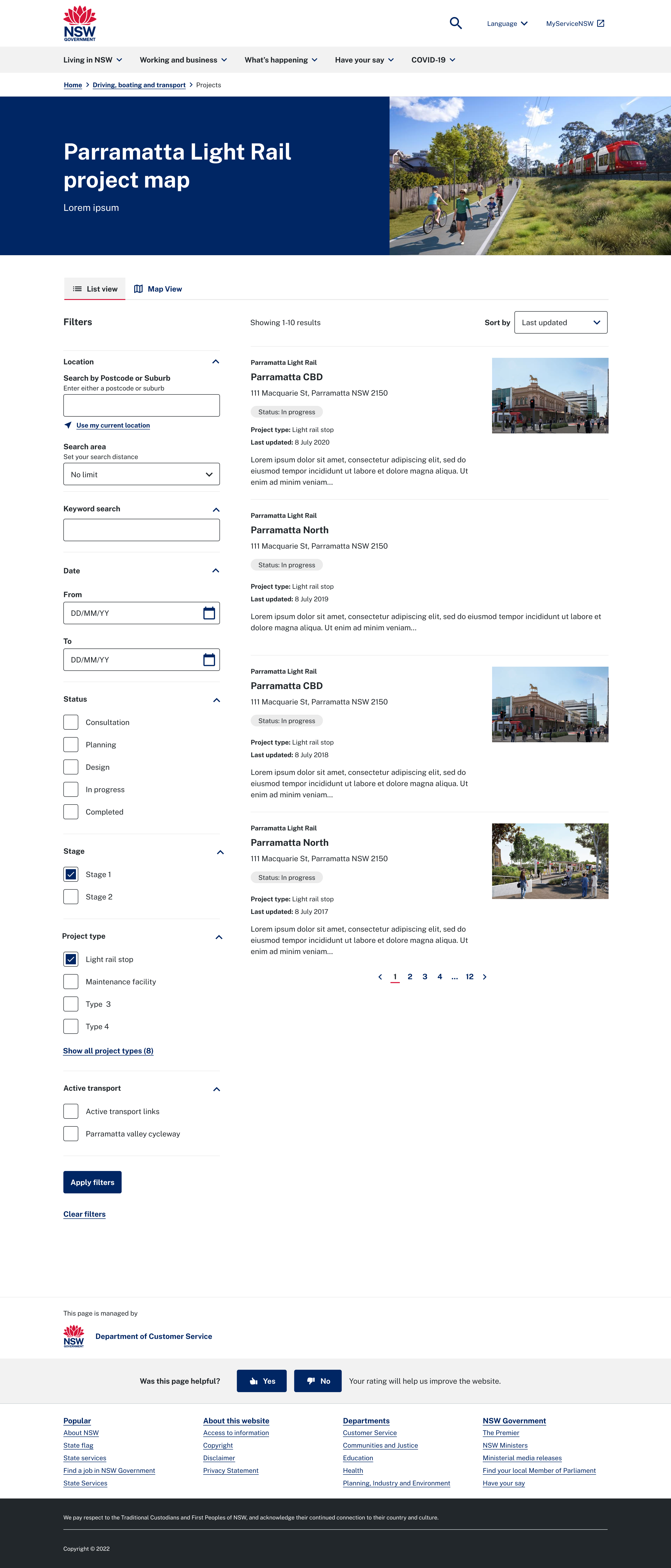 A mock listing page for the Paramatta Light Rail project in List view. The page shows a hero banner with various search filters enabled. Four projects appear as results with their respective card listing previews and sorted by Last updated.
