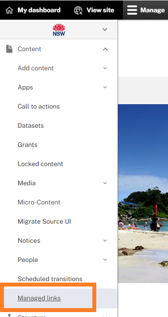Managed links link in the Manage Content menu