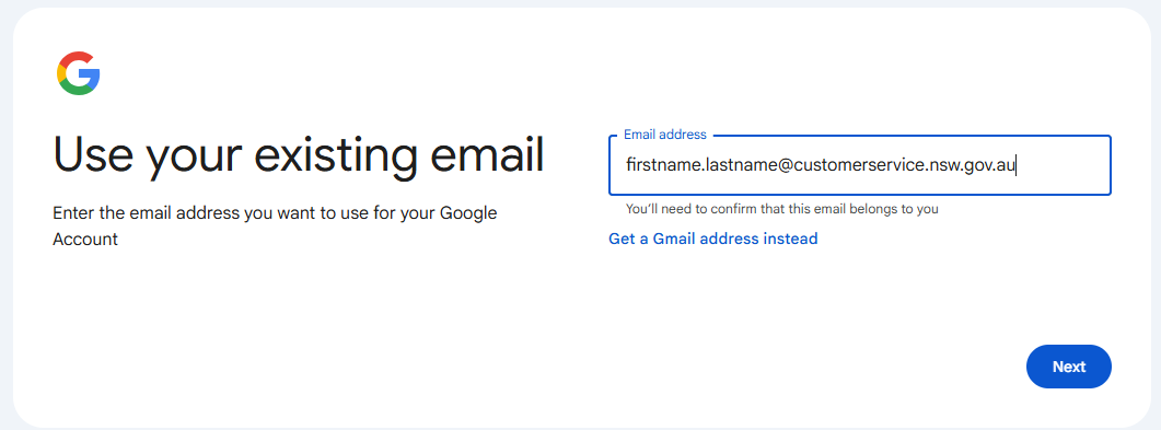 The 'Use your existing email' link to the left of the Next button.