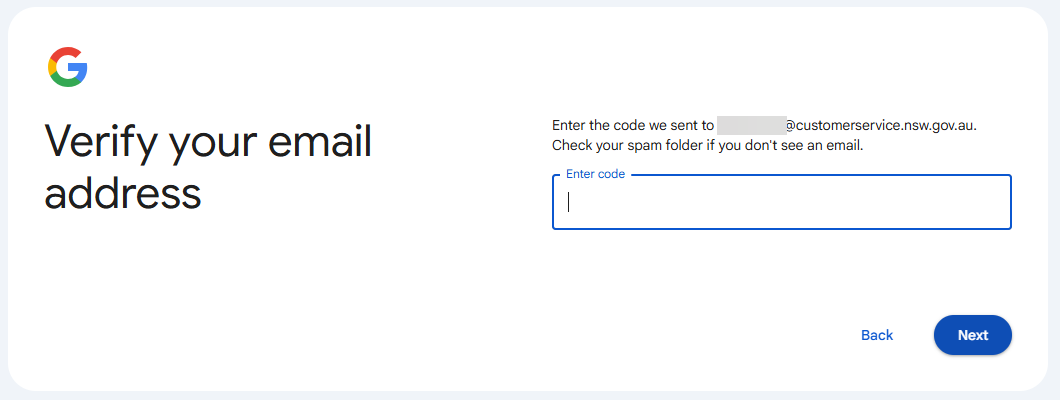 Use your nsw.gov.au email in the email address field, then create a password for your account.