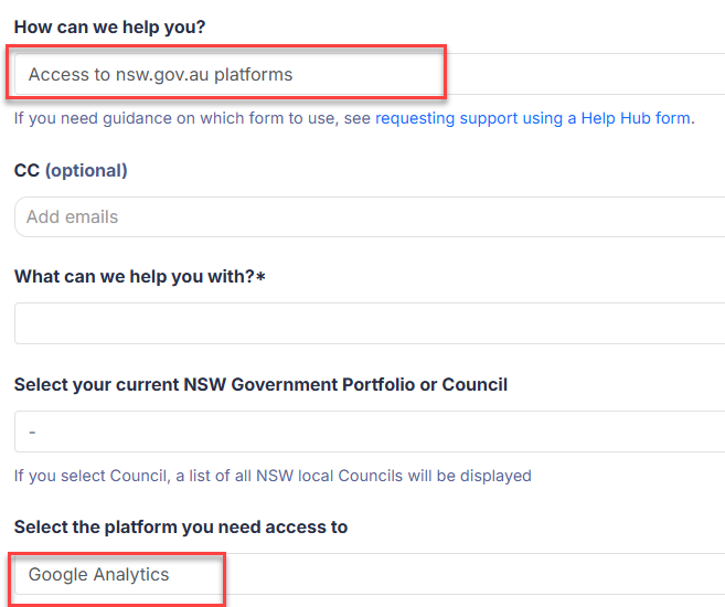 Select the user access request form then 'Google Analytics access' as the user access request type.