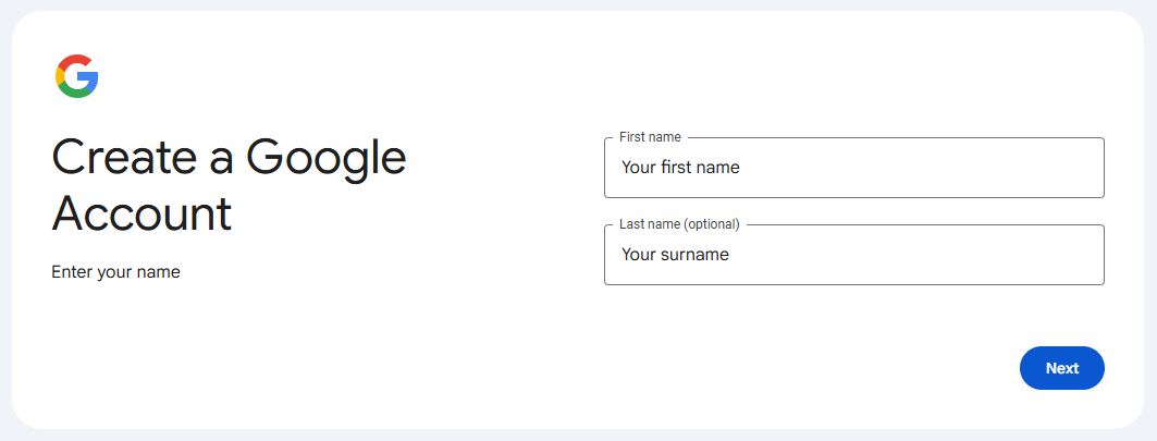 The First name and Last name fields with the Next button on the bottom right.