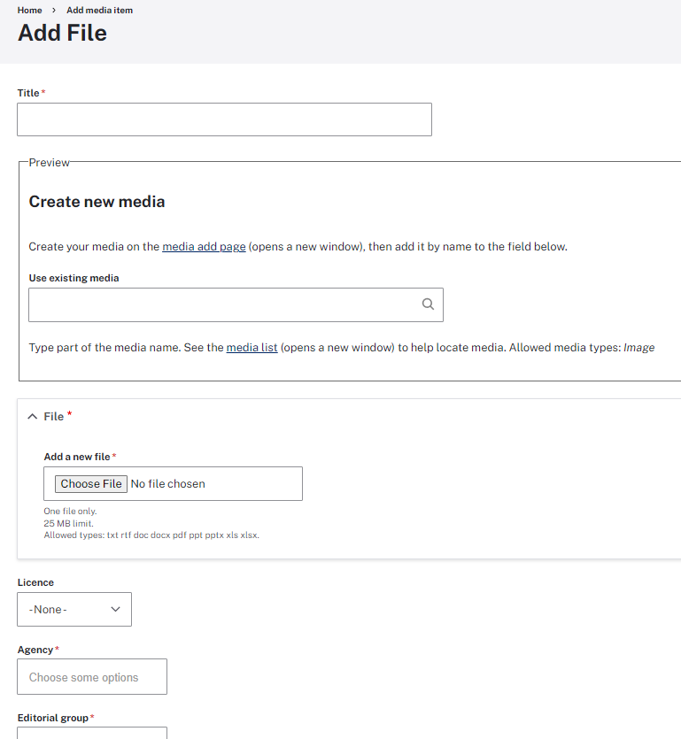 The Add File section in the CMS showing mandatory fields Title, File, Agency and Editorial Group.