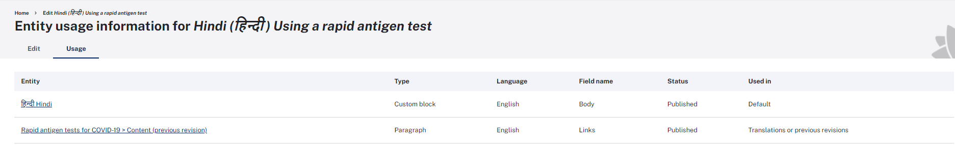 The Usage tab, to the left of the Edit tab, selected for 'Using a rapid antigent test' file.