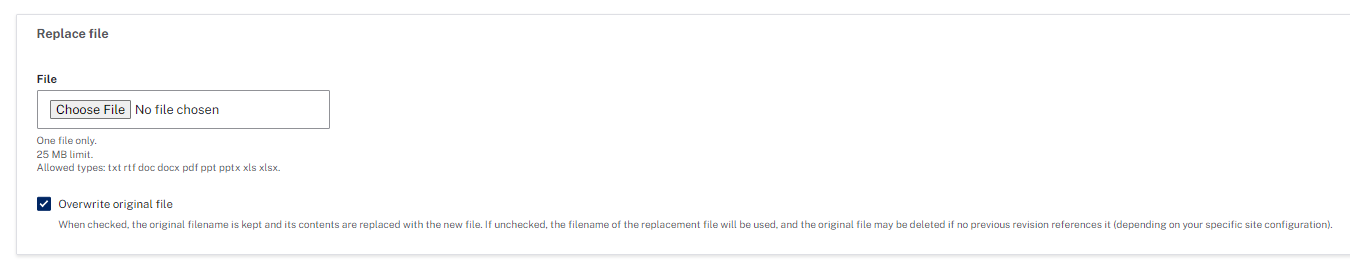 The Replace file section of a media file, showing the 'Choose File' button and the 'Overwrite original file' checkbox checked.