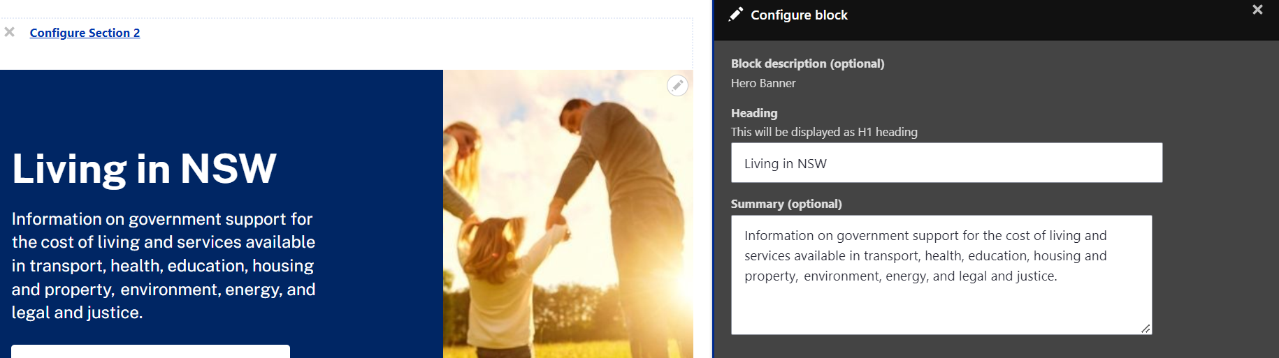 The Hero Banner configuration section showing where the page Heading and Summary can be typed in.
