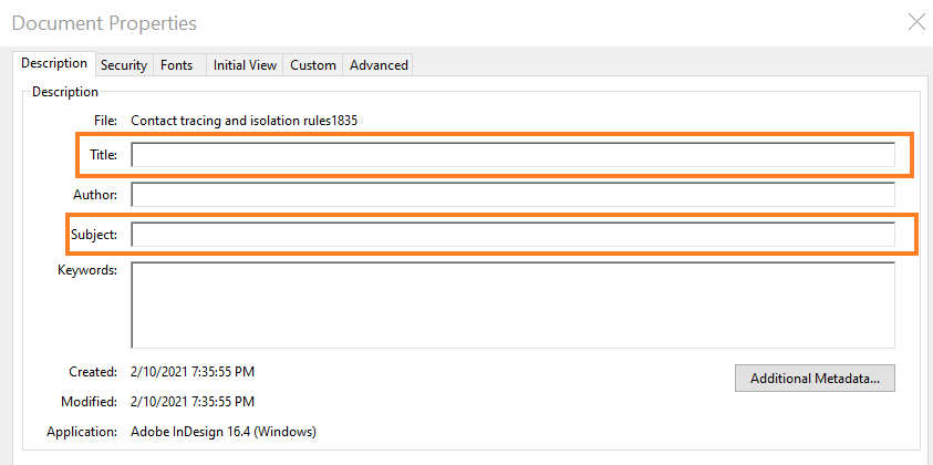 A pdf file's Document Properties highlithing the Title and Subject fields.