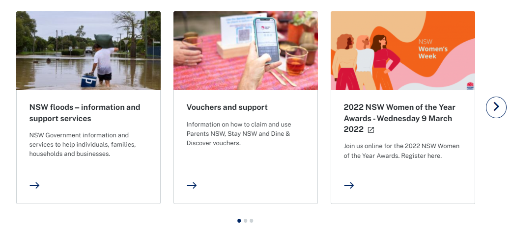 Three cards in the 'Side scrolling' variant with an arrow to the right of the third card and pagination dots centred on the bottom to encourage interaction.