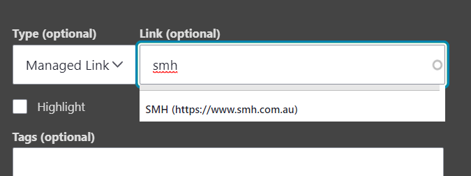 The 'Link optional' field showing link results for 'smh'.