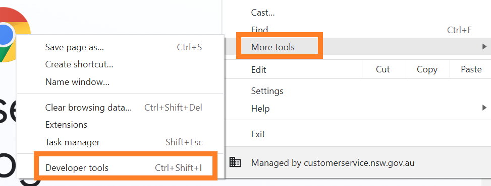 Developer tools can also be accessed with the shortcut ctrl shift I.