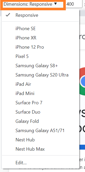 The dimensions dropdown showing a list of devices available to view your page in.