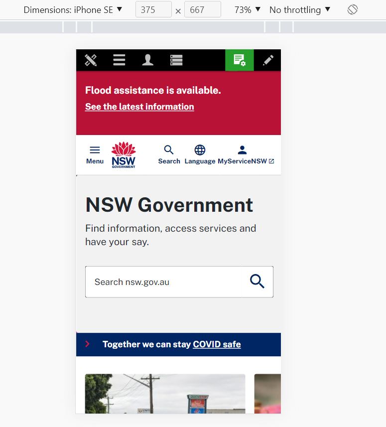 The NSW Government homepage as it appears on an iPhone SE.