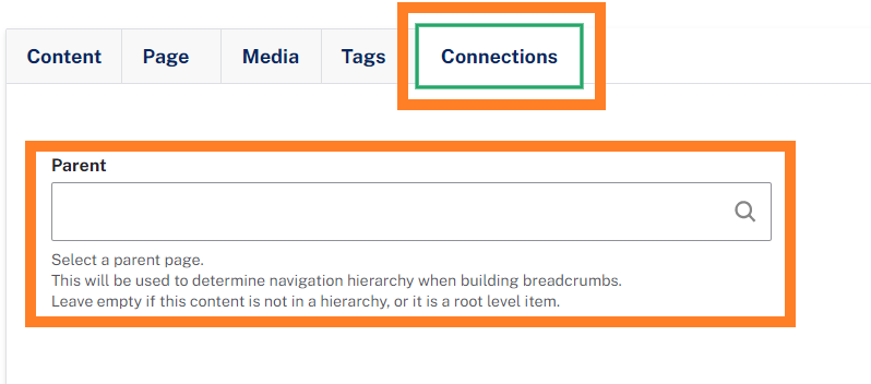 The Parent field in the Connections tab. A search icon appears on the right edge of the field.