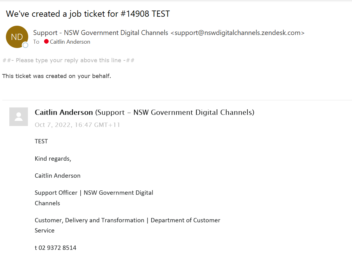 Email confirmation of a user's ticket submission, showing summary of details entered.