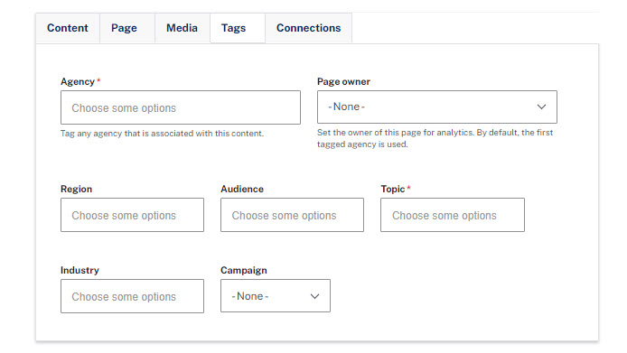 Tags tab showing Agency and Topic fields as mandatory.