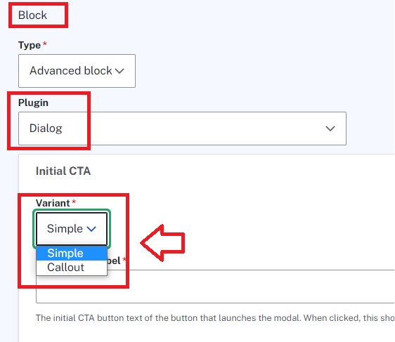 Block creation section of a standard page, with Dialog selected for the Plugin field and the two options, Simple and Callout, highlighted in the Variant dropdown.