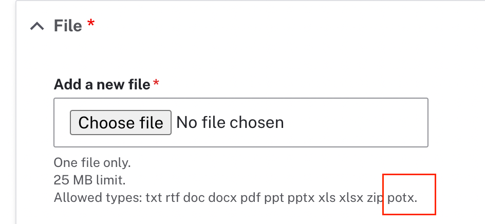 Media library file upload window showing potx as an allowed file type.