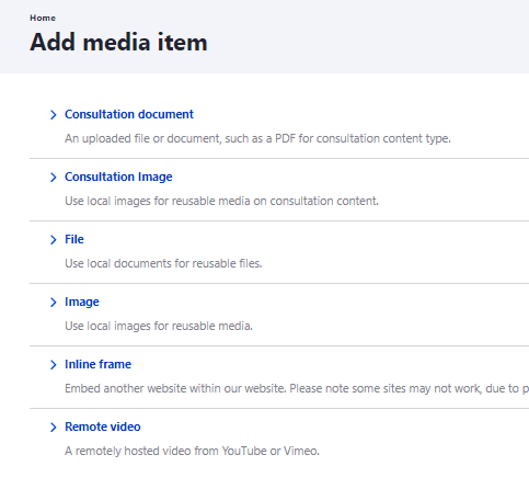 The add media item window showing various file types available for upload to media library.
