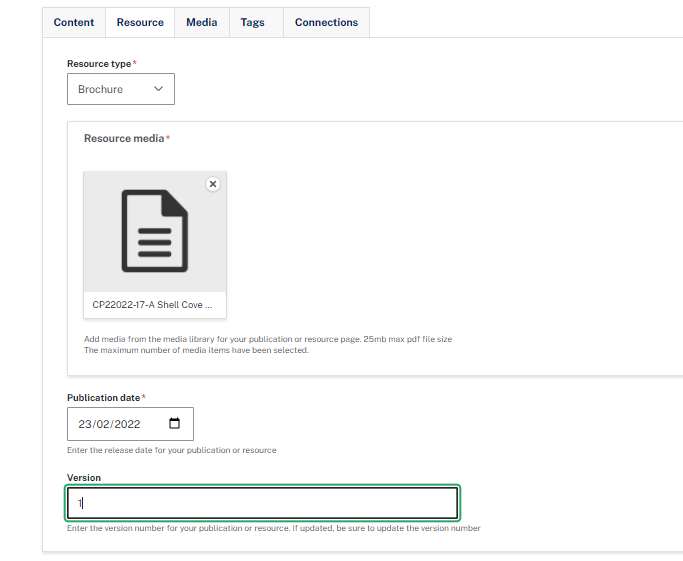 A brochure being uploaded with a publication date of February 23 2022, and a Version of 1.