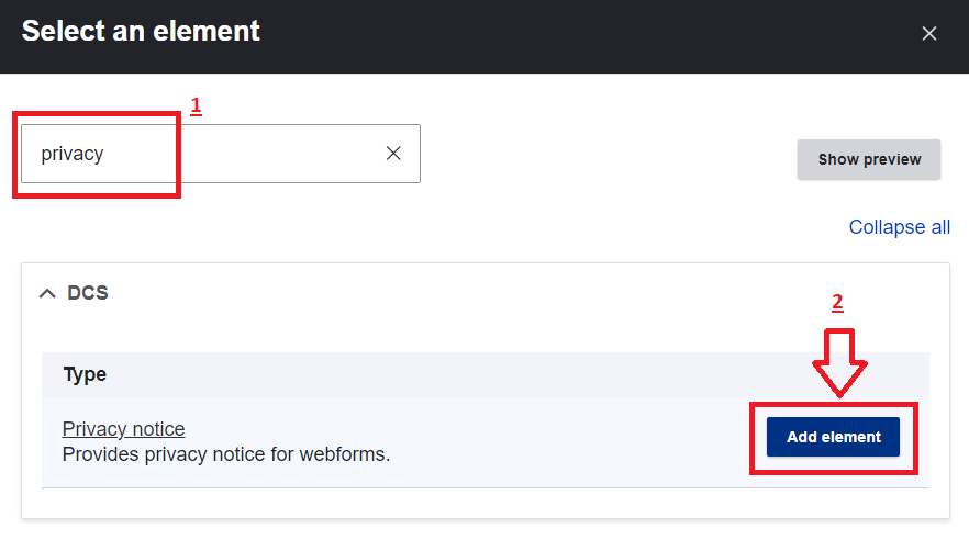 Select an element window with 'privacy' in the search box. The 'add element' button is on the right of Privacy notice.