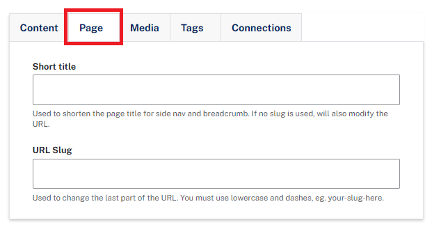 The page tab showing short title and URL slug fields.