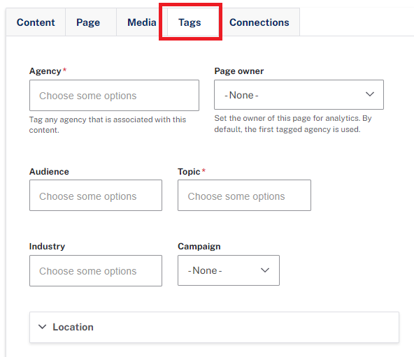 The tags tab with agency and topic as mandatory.
