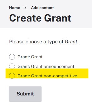 Create grant window showing an option to create a non-competitive grant.