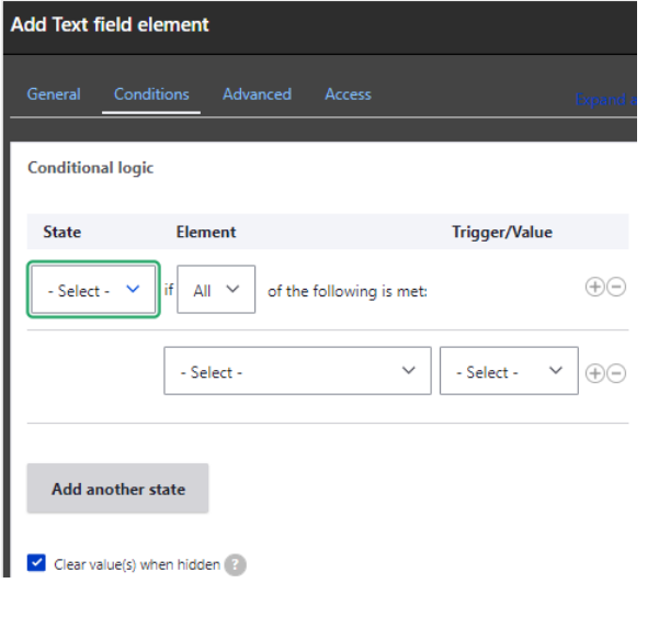Add text field element with Conditions tab opened.