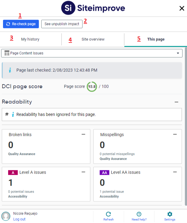 Siteimprove plug-in homepage with the 'Re-check page' and 'See unpublish impact' buttons, and the 'My history', 'Site overview' and 'This page' tabs.