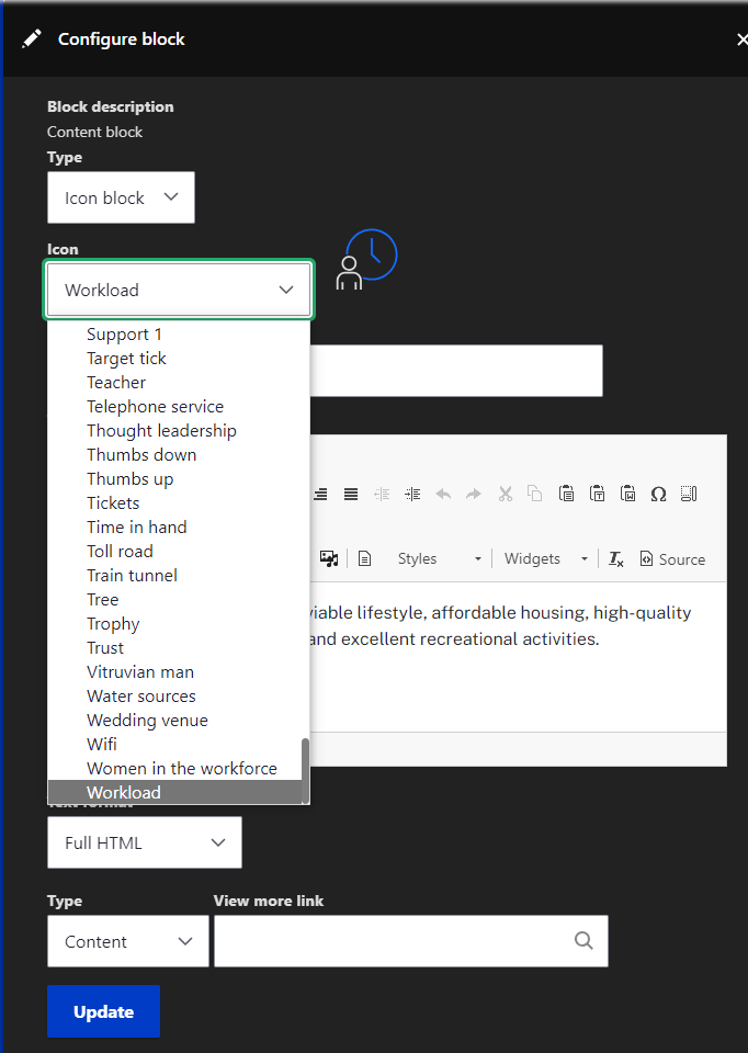 The icon dropdown on a content block showing various pictogram options.