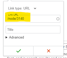 The node and ID for the selected link inside the Link URL field.