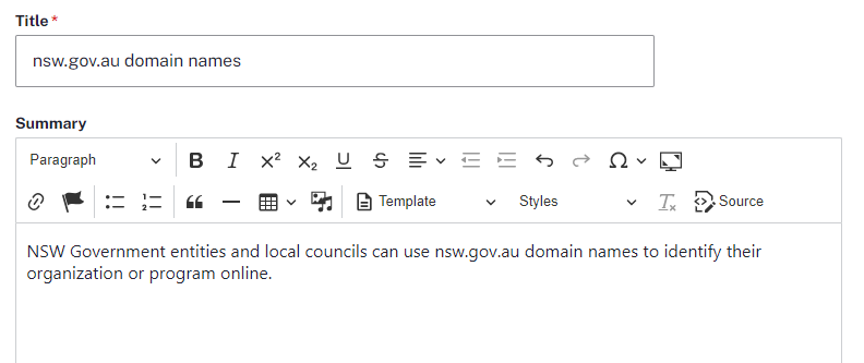 The Content summary of a page showing the summary for the 'nsw.gov.au domain names' page.