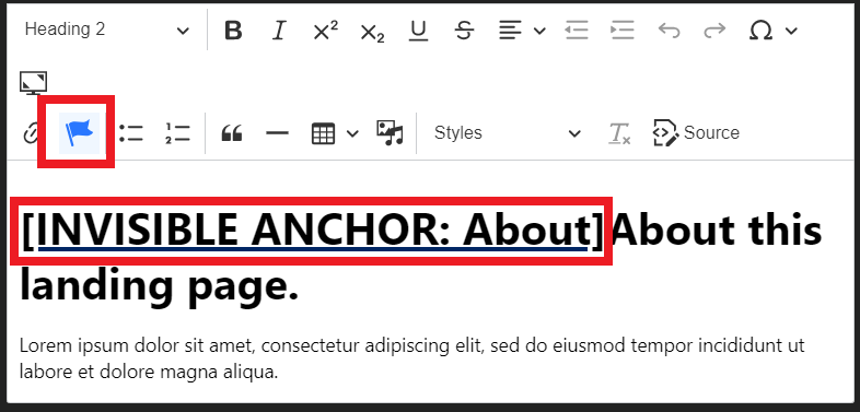 'Invisible anchor' appears on the spot where the anchor link was created.