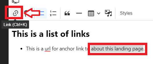 The text 'about this landing page' is highlighted before clicking on the link icon.