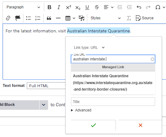 The text 'Australian Interstate Quarantine' highlighted with 'australian interstate' typed in the Link URL. The managed link 'Australian Interstate Quarantine' appears on the dropdown.