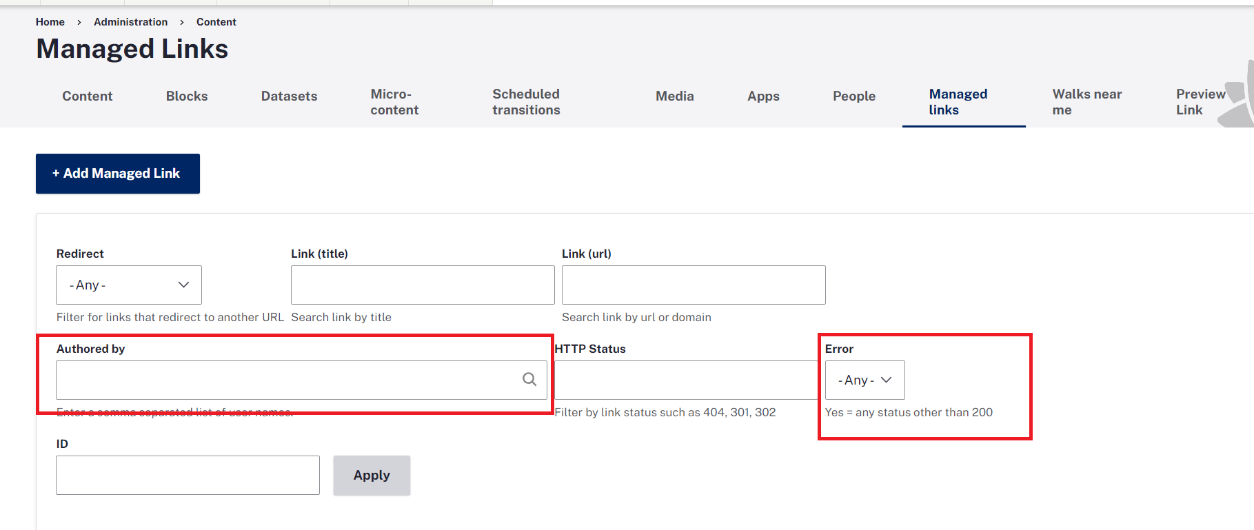The fields Authored by and Error highlighted on the Managed Links tab.