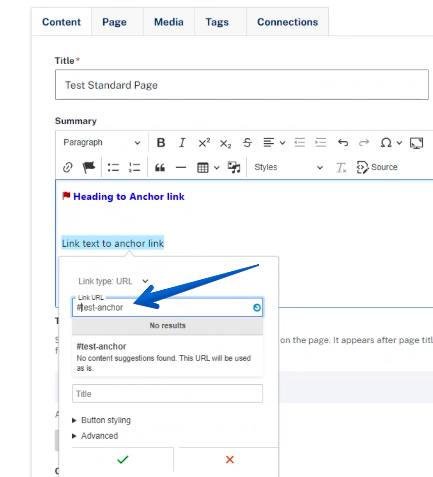 A text highlighted with the hash symbol inside the Link URL window. The anchor link is typed as #test-anchor.